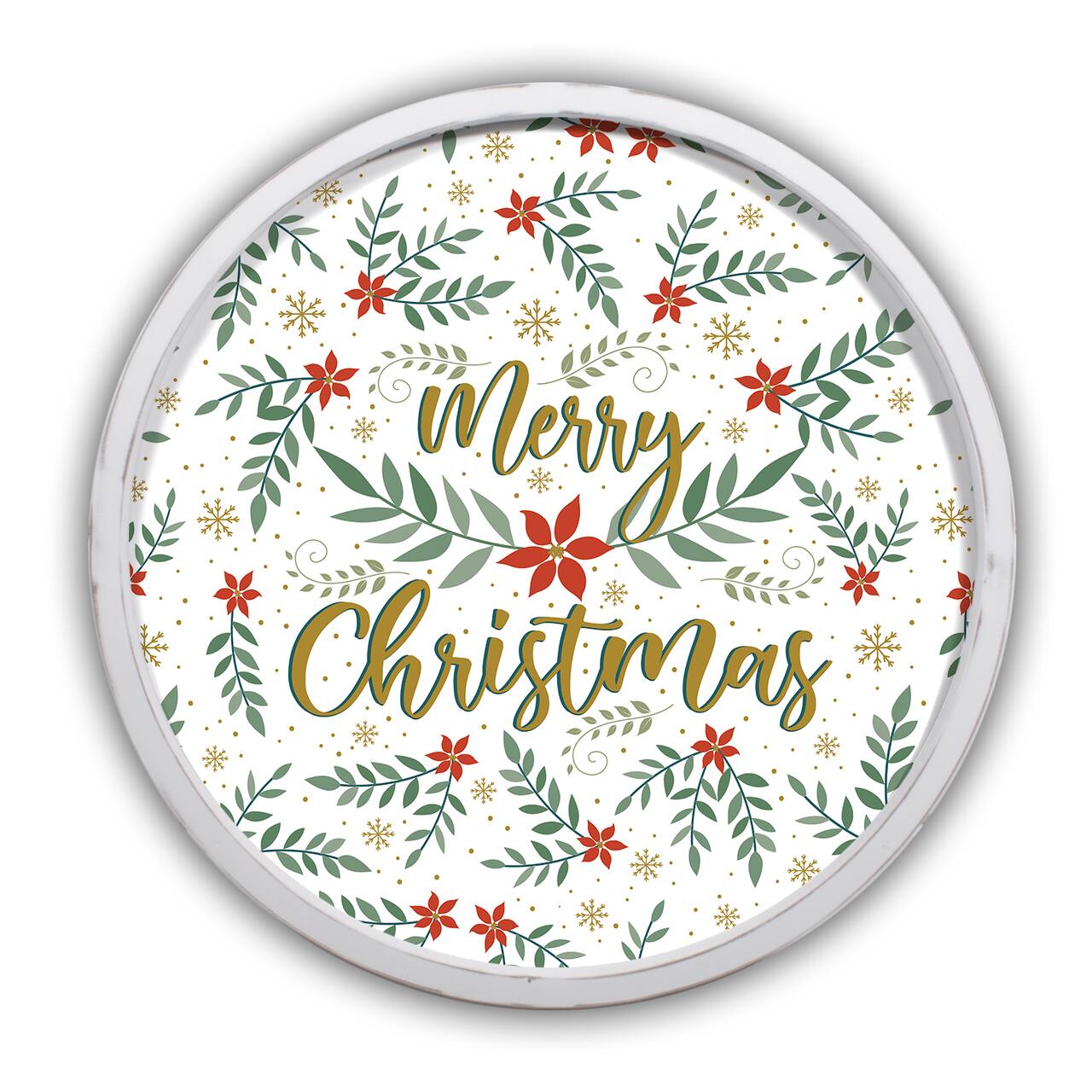 Merry Christmas Botanical Round Wall Art in White Frame